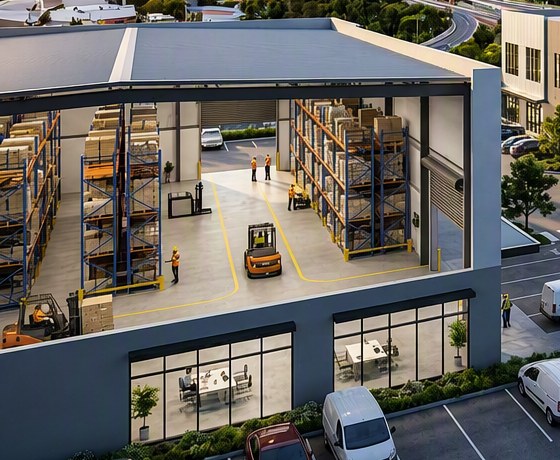 Binnenzicht van een MDLX logistieke hub met stellingen