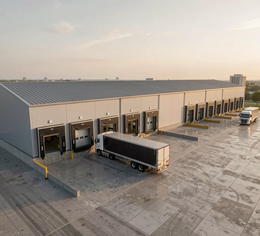 Visualisatie van een MDLX logistieke hub met laadkades